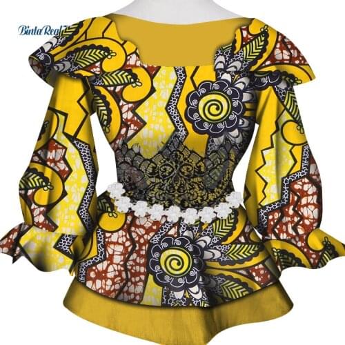 Fashion African Print Top Shirts for Women Bazin Riche Long Sleeve Top Cotton Dashiki Women African Women Clothing Causal WY6850