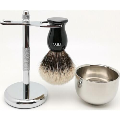TEYO Two Band Silvertip Finest Badger Hair Shaving Brush Set Include Shaving Stand Bowl Perfect for Wet Shave Cream Beard Brush
