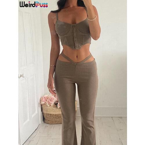 Weird Puss Y2K Elegant Office Lady 2021 Ribb 2Piece Set Women Tracksuit Tank Top+Low Waist Pants Casual Hot Street Matching Suit