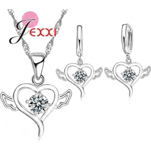 Top Quality Trendy Heart Love Angel Pendant 925 Sterling Silver Cubic Zircon Necklace+Earring Jewelry Set For Women Gift