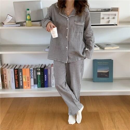 Women men couple homewear pajama set plaid korean chic long sleeve blouse pants casual loose sleepwear 2 piece set autumn L348