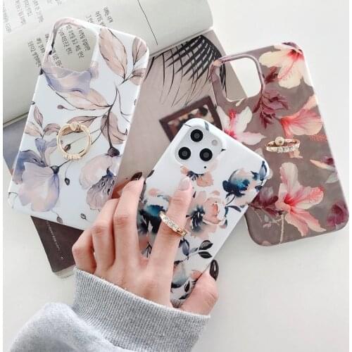 For iPhone 11 Luxury Ring Flower Silicone Case For iPhone 11 Pro 12 Mini X XR Xs Max SE2020 7 8 Plus Soft Protective Stand Cover