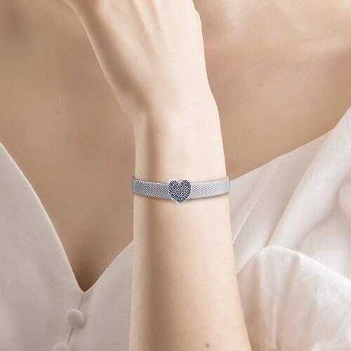 Spring Reflexions Blue Pave Heart Clip Fits Snake Chain Bracelets & Bangle Sterling Silver Beads For Jewelry Making Charms