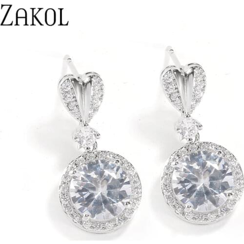 ZAKOL New Trendy Gold Color Heart Stud with Big Round CZ Pendent Women Drop Earrings Graceful Girl Accessories Fashion Jewelry