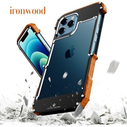 R-Just Shockproof Metal Iron Wood Special Design Protection Case Shell Bumper for iPhone 12 Mini Pro Max