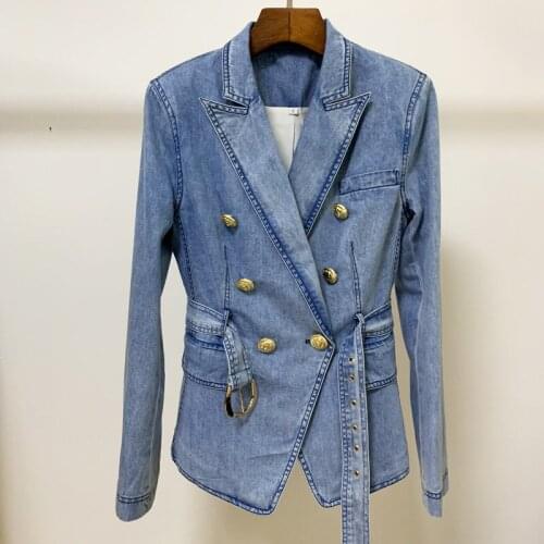 2021 Spring New Women Jackets Double-Breasted Lion Thin Type Of Belt Buckle Wash Water Softening Denim Suit Coats Clothes