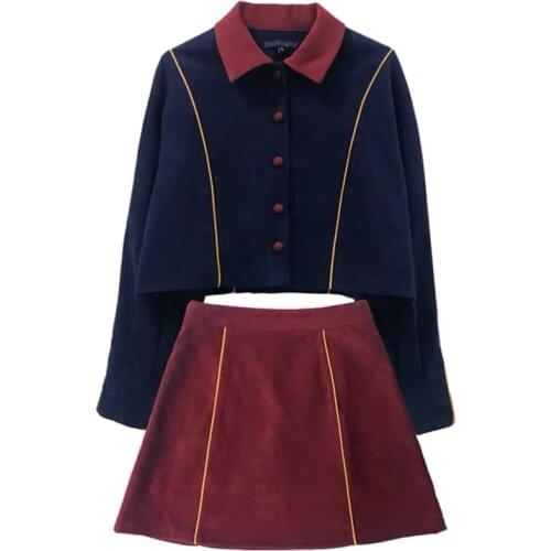 PERHAPS U Women Turn Down Collar Suide Red Navy Blue Button Mini Skirt Pencil 2 Two Pieces Set Elegant Sweet T0314