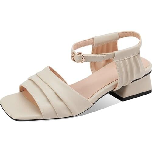 PQECFS Big size 30-43 high quality summer fashion sweet women pleated front & rear strap med heels sandals 3 colors
