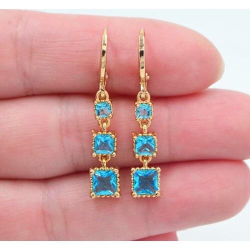 Gold Color Women Aqua Zircon Crystal Fashion Cube Dangle Earrings Jewelry