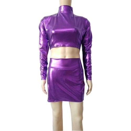 Women Shiny metallic Long Sleeve Mock Neck Turtleneck Crop Top with Short Skirts Costume Cosplay Evening Club Party Clothes 2pcs