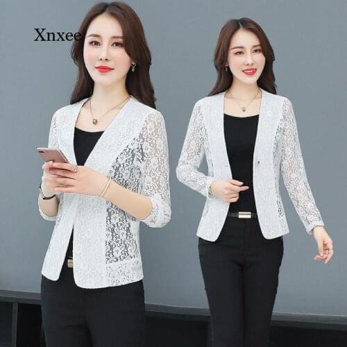 Lace Jacket Elegant Plus Size Women Blazer Black White Long Sleeve Hollow Out All Match Female Jacket Lace Patchwork Office Lady