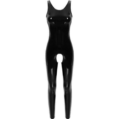 Womens One-piece Wet Look Clubwear Jumpsuit Patent Leather U Neck Sleeveless Crotchless Catsuit Leotard Romper Bodysuit