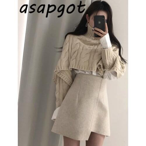 Korean Chic Autumn Warm Twisted Short Longsleeve Turtleneck Knitted Sweater Women High Waist Irregular Skirt Mini 2 Piece Set