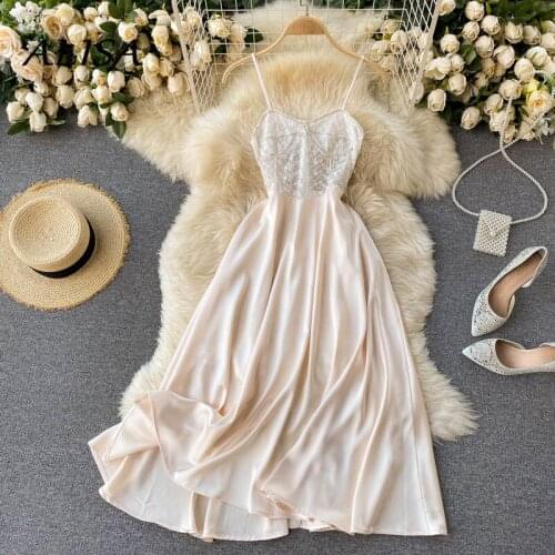 French Retro Dress Women Elegant Embroidered Lace Stitching Satin Party Dresses Ladies Summer Beach Long Robe Bohemian Vestidos