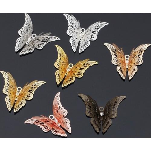 10 PCS 35*45mm Metal Copper Gold Silver Plated Filigree Butterfly Pendant Charm 7 Colors For Jewelry Making