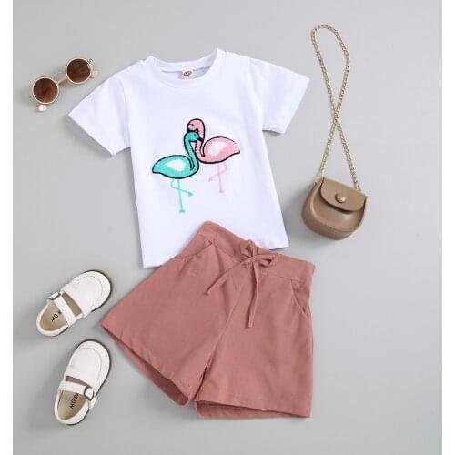 Emmababy 2021 New 2 Pcs Baby Girls Summer Outfits Grus Pattern Short Sleeve T-shirt + Solid Color Shorts with Drawstring, Pocket