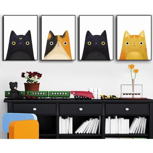 Abstract Black and Yellow Cat Animal Canvas Painting Scandinavian Art Minimalist Print and Posters Wall Picture For Living Room