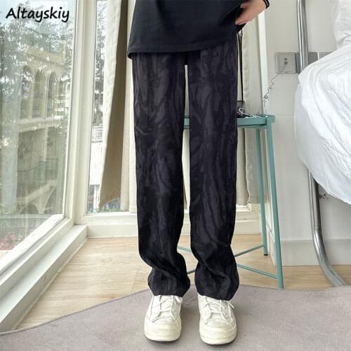Pants Women Korean Unisex Full-length All-match Tie Dye Streetwear Cool Black Girl Trousers Elastic Waist Straight Spring Autumn