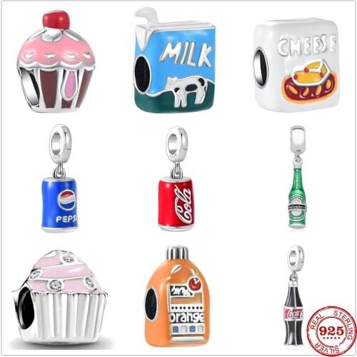 New 925 Sterling Silver Milk Cola Bottle Beer Cake Cheese Dangle Charm Beads Fit Original Pandora Charms Braceler DIY Jewelry