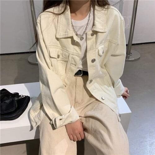 Vintage Jeans Coat Female Korean Style Chic Outwear Street Fashion Casual Denim Jacket Turn-Down Collar Single-Breasted Coat