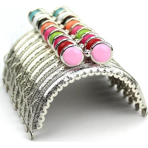 KISSDIY 20PCS/LOT 8.5cm Colorful flat bead Metal Purse Frame semicircle Silver tone lace Coin Purse Frames,Freeshipping JY146