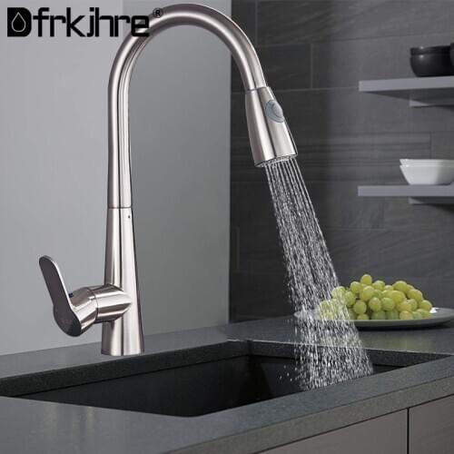 Kitchen Faucet Brushed Nickel 360 Degree Rotation Single Hole Pull Out Spout Sink Stream Sprayer Head Kitchen Hot Cold Mixer Tap
