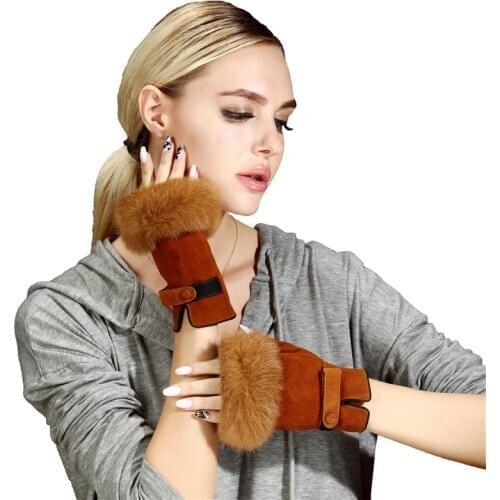 Fashion Rabbit Hair Winter Lambskin Fingerless Gloves Wrist Solid Women Real sheep Genuine Leather Female Driving Glove