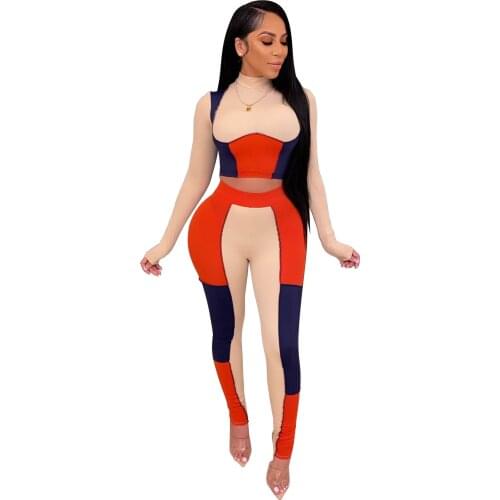 Fashion Casual Color Patchwork Sporty GYM Two Piece Set Long Sleeve Crop Top Pencil Pants Tracksuit Fitness Active Outdoor Suit