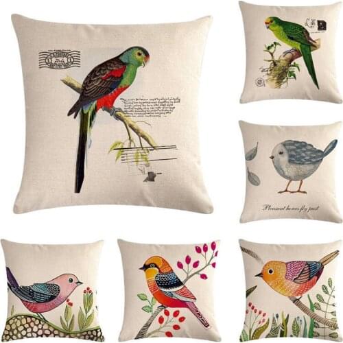 Pillowcase Birds Vintage Throw Pillow Cover Linen Cushion Sofa Car Parrot Cushion Cover Home Decoration 45x45cm Sofa PillowCase