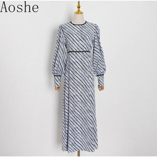 2021 Autumn New Vintage Dress Irregular Striped Contrasting Color Party Dress Fashion Round Neck Lantern Long Sleeve Dress