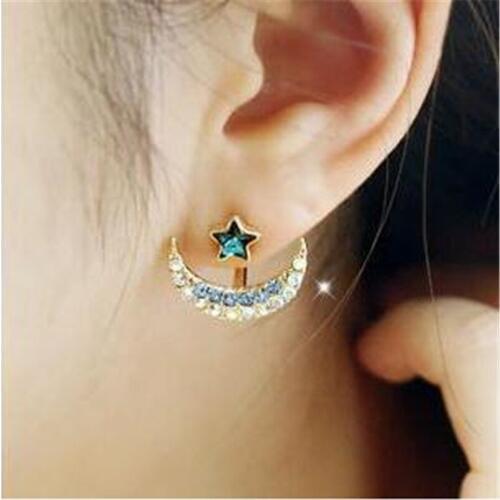 New Arrivals Shiny Full Rhinestones Crystal Stud Earrings Fashion Moon Star Double Sided Earrings For Women Girls Ear Jewelry