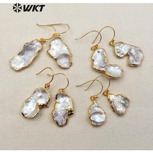 WT-E396 WKT Wholesale New Coming Natural Freshwater Pearl Jewelry Irregular Shape Elegant Gold Color Drop Earrings