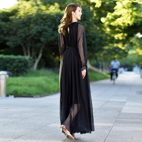 Super-long fairy elegant long-sleeved Chiffon beach dress, long skirt, summer sweeping floor, large size and slimmaxi dresses
