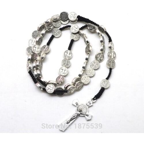 Fashion St Benedict Rosary Necklace Black Rope Alloy Beads High Quality Woven Rosaries