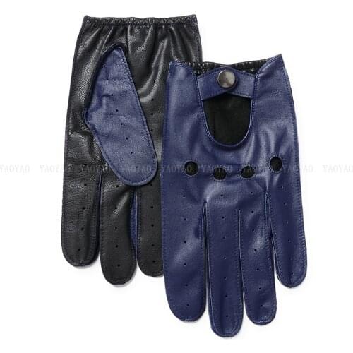 Stylish Mens Perforated Breathable Genuine Leather Gloves Male Blue/Red Two Tones Guantes Hombre Teen Ride Locomotive Thin Mitt