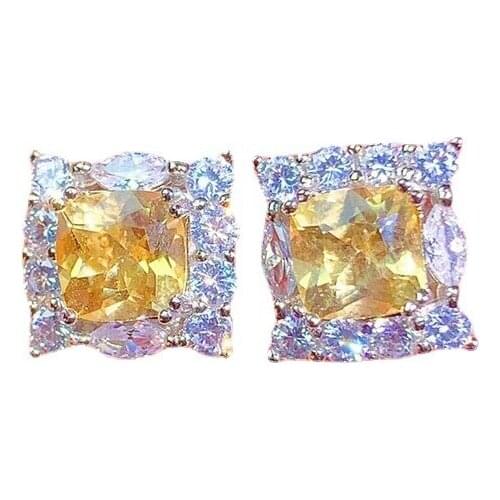 Luxury 100% 925 Sterling Silver 6*6 MM Natural Citrine Created Moissanite Gemstone Ladies Ear Studs Earrings Fine Jewelry