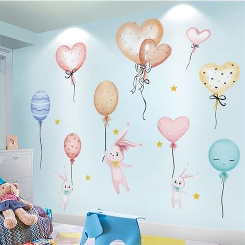 [SHIJUEHEZI] Cartoon Balloons Wall Stickers DIY Rabbits Animals Mural Decals for Kids Rooms Baby Bedroom House Decoration
