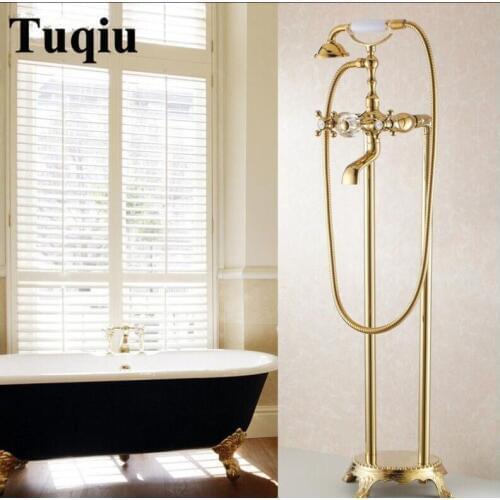 Bathtub Faucets Bathroom Gold Floor Stand Faucets Telephone Type Bath & Shower Faucet Mixer Brass Shower Set Luxury Bathtub Tap