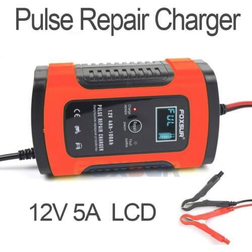 FOXSUR 12V 5A Pulse Repair Charger with LCD Display, Motorcycle & Car Battery Charger, 12V AGM GEL WET Lead Acid Battery Charger