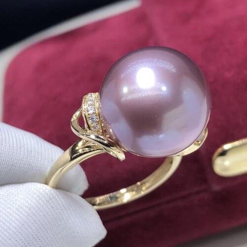 D119 Fine Jewelry 18K Gold Natural Fresh Water Purple Peals 12mm Diamonds Rings for Women Fine Pearls Rings
