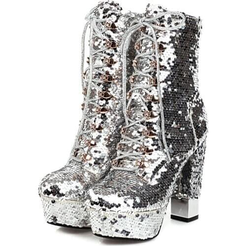 Autumn Winter Ankle Boots For Women Sexy Motorcycle Boots Chunky High Heels Platform Luxury Short Boots Sequined Ankle Boots 43