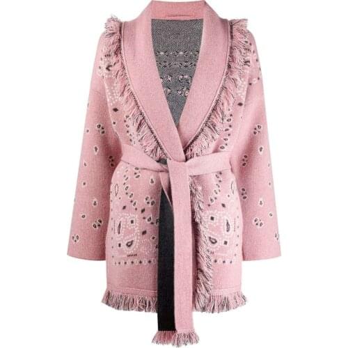 Autumn Winter New Designer Womens Pink color cashmere cardigans High quality jacquard tassel Belt Knitted coat C907