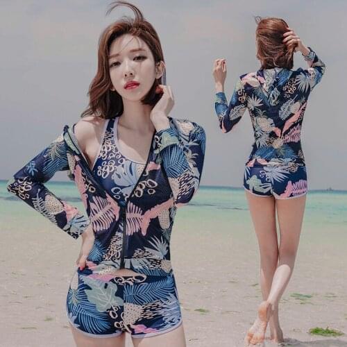 Breathable Women Long Sleeve Swimwear Floral Navy Blue Blouse Swimsuit Three Piece Bathing Suit Girl Padded Swim Wear Beachwea