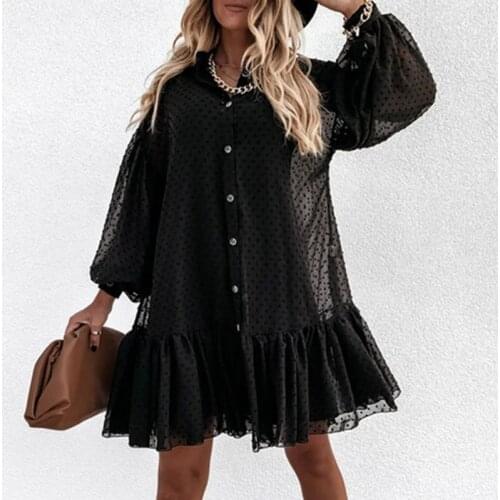 Women Elegant Stand Collar Button Shirt Dress Sexy Ladies Lace Mesh Ruffle Party Dress 2021 Casual Puff Long Sleeve Mini Dresses