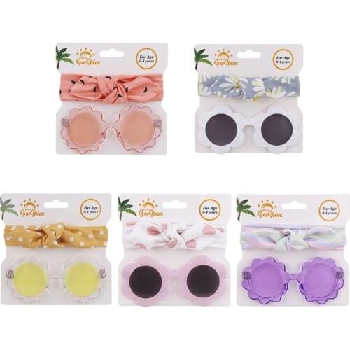 2021 Children Cute Flower Sunglasses Kids Round Glasses Baby Fashion Colors Sunglasses Adorable+ Polyester Headband Set