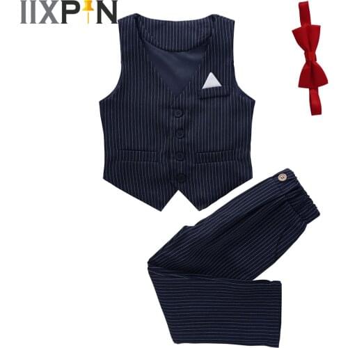 3Pcs Kids Boys Formal Party Suits Striped Outfits Childrens Clothes Sets Gentleman Costumes Vest Waistcoats Pants Boys Suits