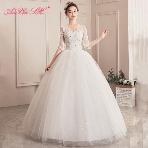 AXJFU princess flower lace white wedding dress party vintage o neck illusion half sleeve beading bride glaring wedding dress