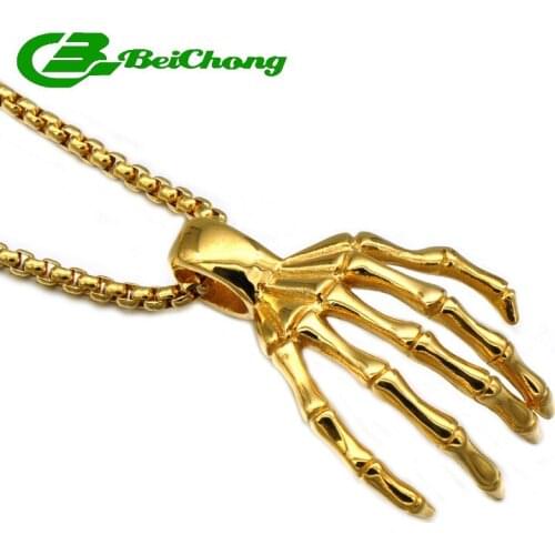 Beichong Skull Demon Gold Vintage Necklace Men Stainless Steel Skeleton Claw Hand Pendants & Necklaces Heavy Chain Choker