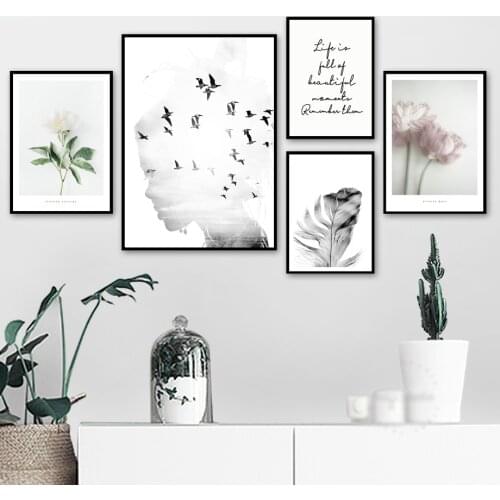 Girl bird Flower Feather Quotes Landscape Wall Art Canvas Painting Nordic Posters And Prints Wall Pictures For Living Room Decor
