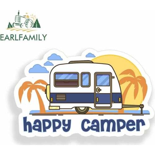 EARLFAMILY 13cm x 8.3cm for Happy Camper Funny Car Stickers Bumper RV VAN Fine Decal JDM Vinyl Car Accessories Cartoon